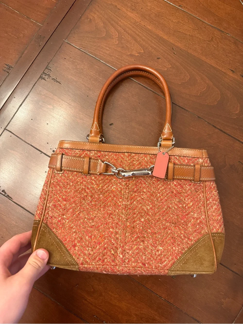 Coach Red Tweed and Brown Leather Top-Handle Satchel - Picture 3 of 15